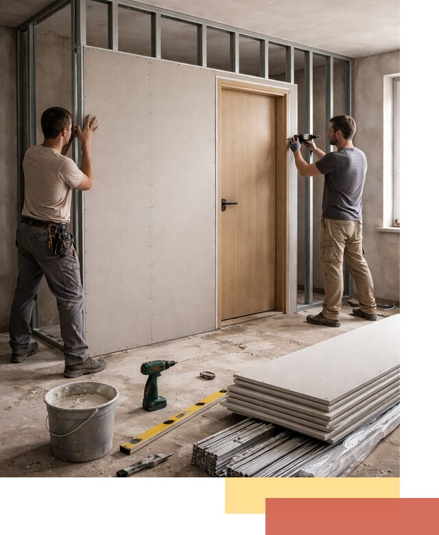 Перегородка из гипсокартона с дверью под ключ в Мысках