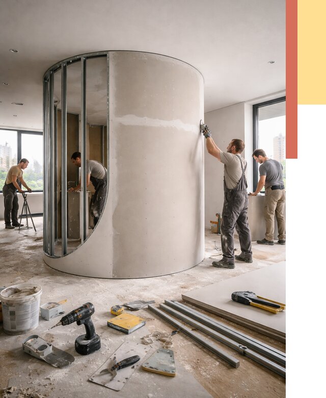 Радиусная перегородка из гипсокартона в Мысках от 2941 руб. под ключ | ОТДЕЛОЧНИК-Мси