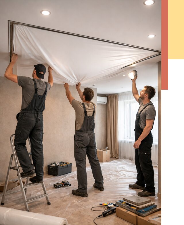 Монтаж ПВХ натяжного потолка в Мысках от 3550 руб. под ключ | ОТДЕЛОЧНИК-Мси