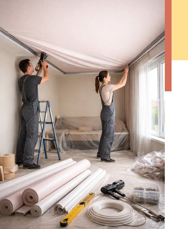 Монтаж цветного натяжного потолка в Мысках от 4260 руб/м² — быстро и недорого | ОТДЕЛОЧНИК-Мси