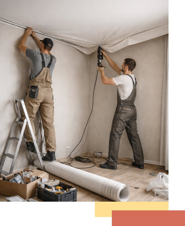 Монтаж цветного натяжного потолка в Мысках за один день