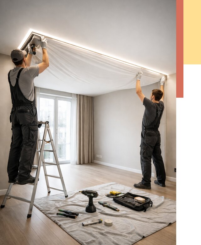 Монтаж парящего натяжного потолка в Мысках от 4564 руб. быстро и недорого | ОТДЕЛОЧНИК-Мси