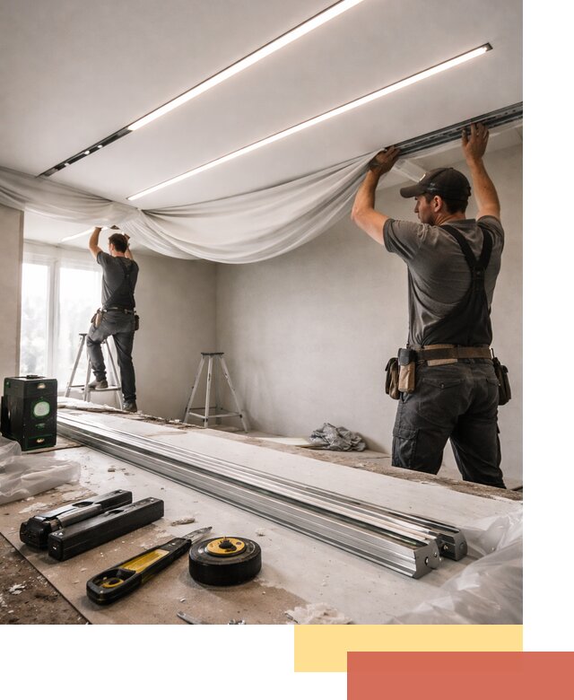 Монтаж натяжных потолков со световыми линиями в Мысках