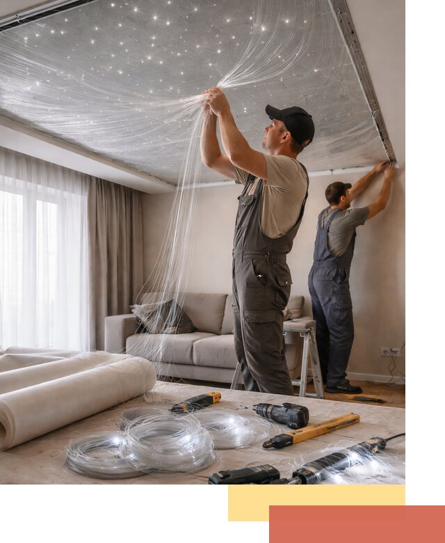 Монтаж натяжного потолка «Звездное небо» в Мысках