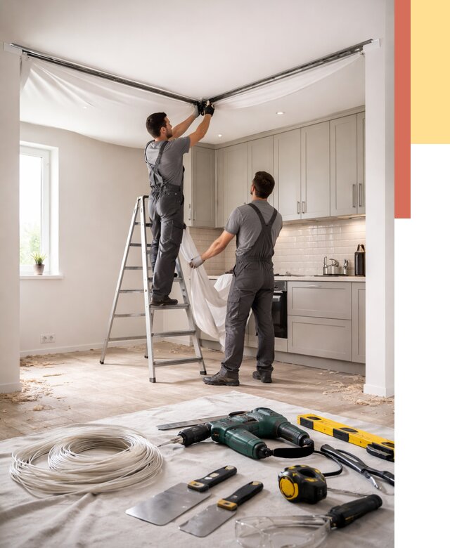 Установка натяжного потолка на кухне в Мысках от 2434 руб. | ОТДЕЛОЧНИК-Мси