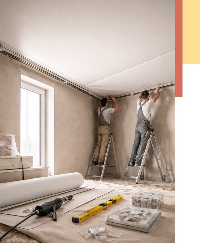 Монтаж натяжного потолка в спальне в Мысках от 3854 руб. под ключ | ОТДЕЛОЧНИК-Мси