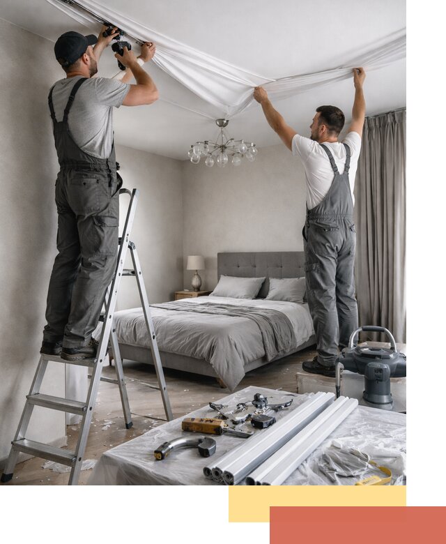 Монтаж натяжного потолка в спальне в Мысках