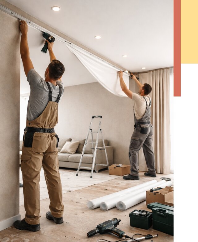 Монтаж натяжного потолка в гостиной в Мысках от 558 руб. | ОТДЕЛОЧНИК-Мси