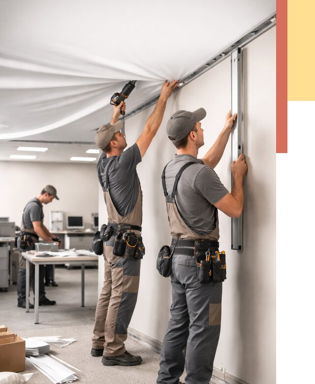 Монтаж натяжного потолка в офисе в Мысках от 456 руб/м² — быстро и недорого | ОТДЕЛОЧНИК-Мси