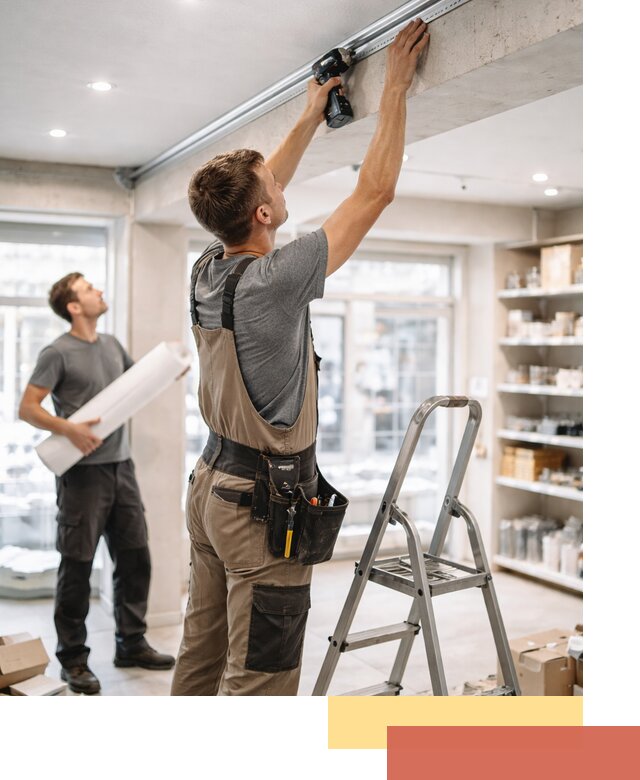 Монтаж натяжных потолков в магазине в Мысках