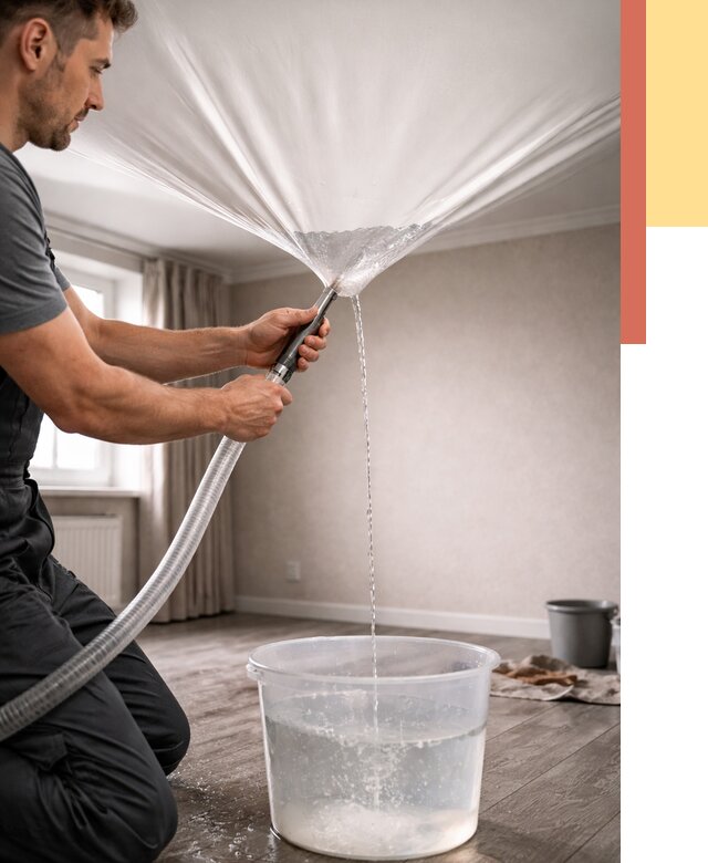 Слив воды с натяжного потолка в Мысках от 2536 руб. быстро и недорого | ОТДЕЛОЧНИК-Мси