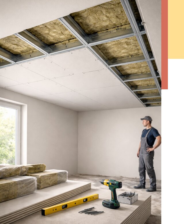 Звукоизоляция потолка ГКЛ в Мысках от 964 руб. — монтаж под ключ | ОТДЕЛОЧНИК-Мси