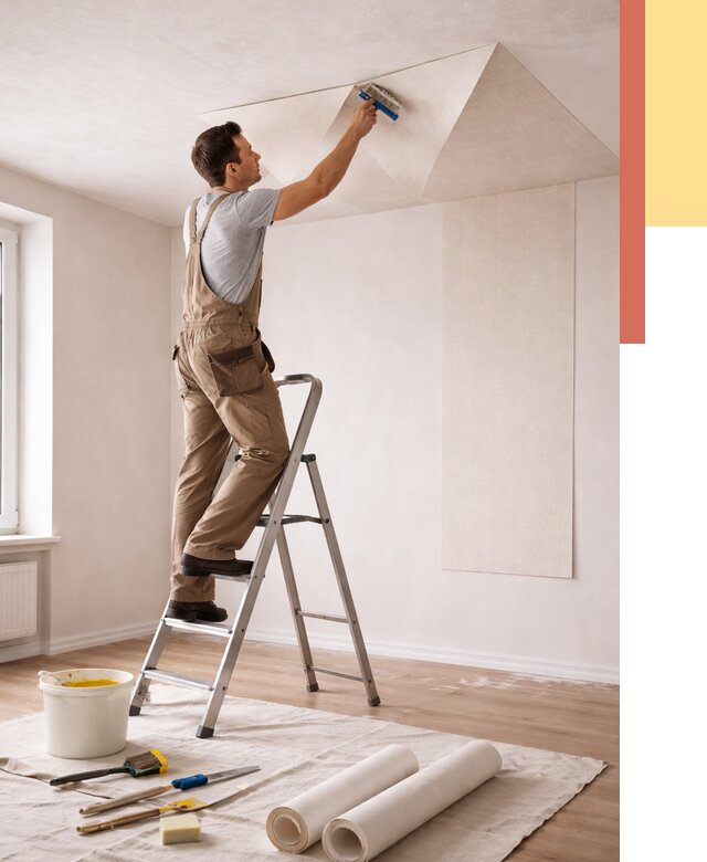 Поклейка обоев на потолок в Мысках от 4564 руб. быстро и недорого | ОТДЕЛОЧНИК-Мси